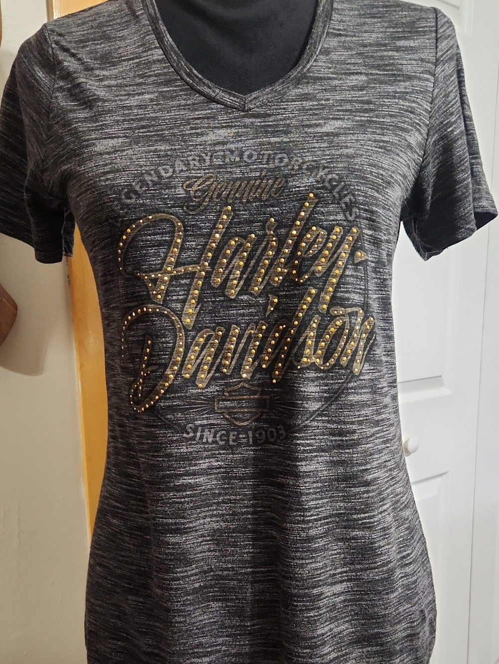 Harley-Davidson Heather Black V-Neck Tee with Gold Stud Logo
